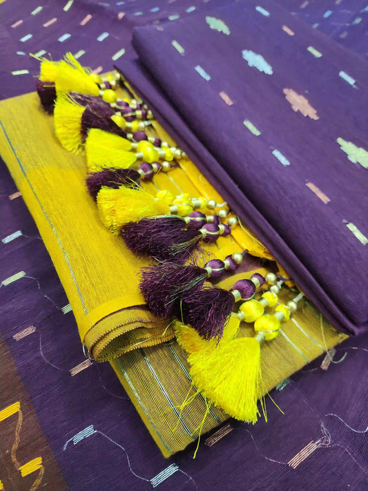 Wine Yellow Jamdani With Blouse And Tarcel