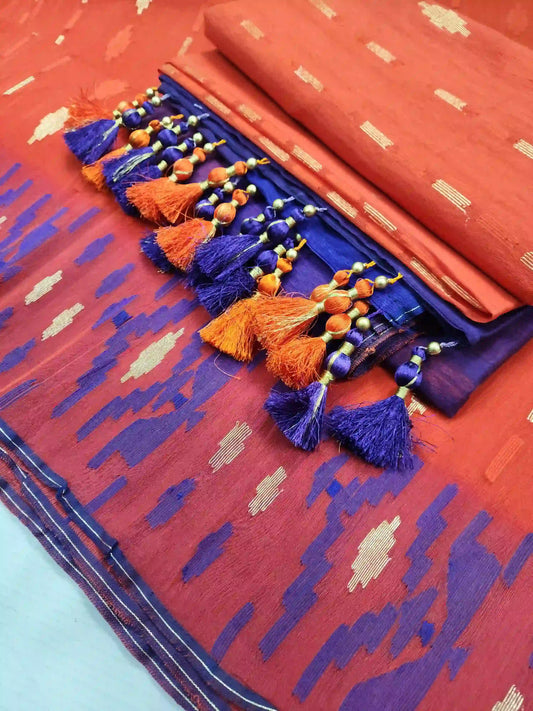 Orange Blue Jamdani With Blouse And Tarcel