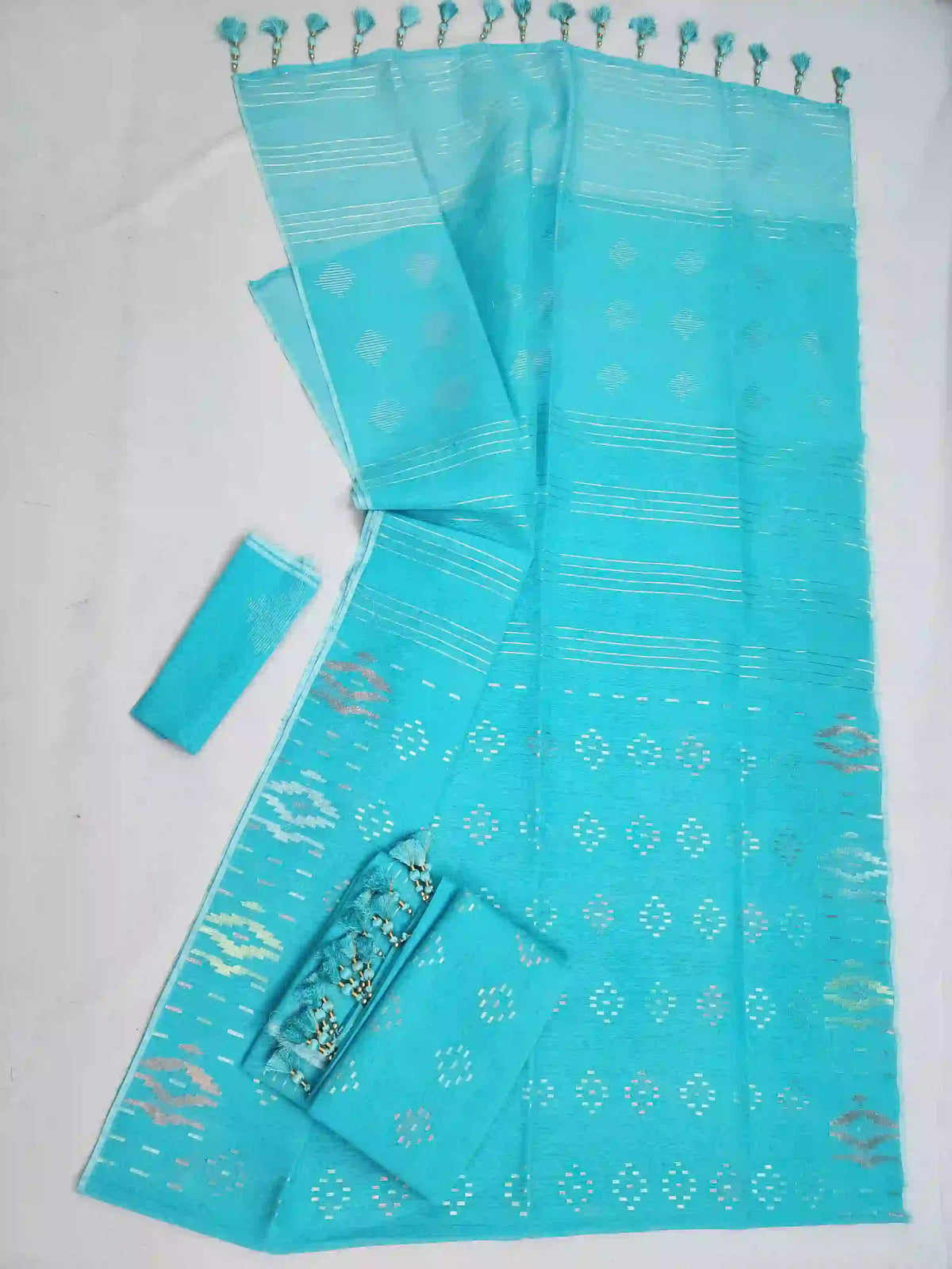 Sky Blue Jamdani With Blouse And Tarcel