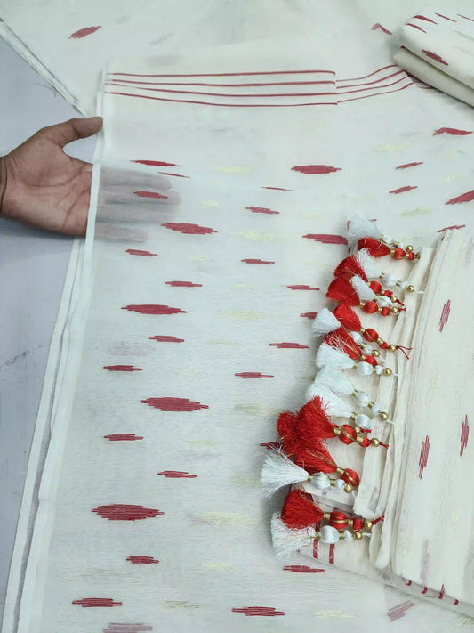 White Red Jamdani With Tarcel