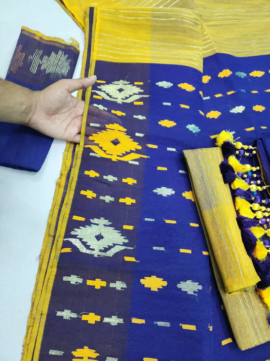 Blue Yellow  Jamdani With Blouse And Tarcel