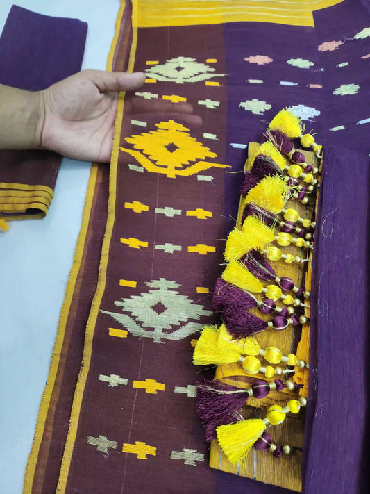 wine Yello Jamdani With Blouse And Tarcel