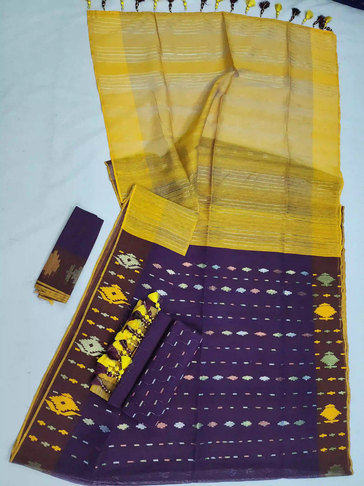 wine Yello Jamdani With Blouse And Tarcel