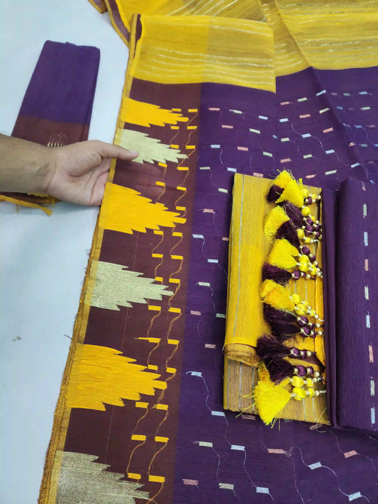 Wine Yellow Jamdani With Blouse And Tarcel