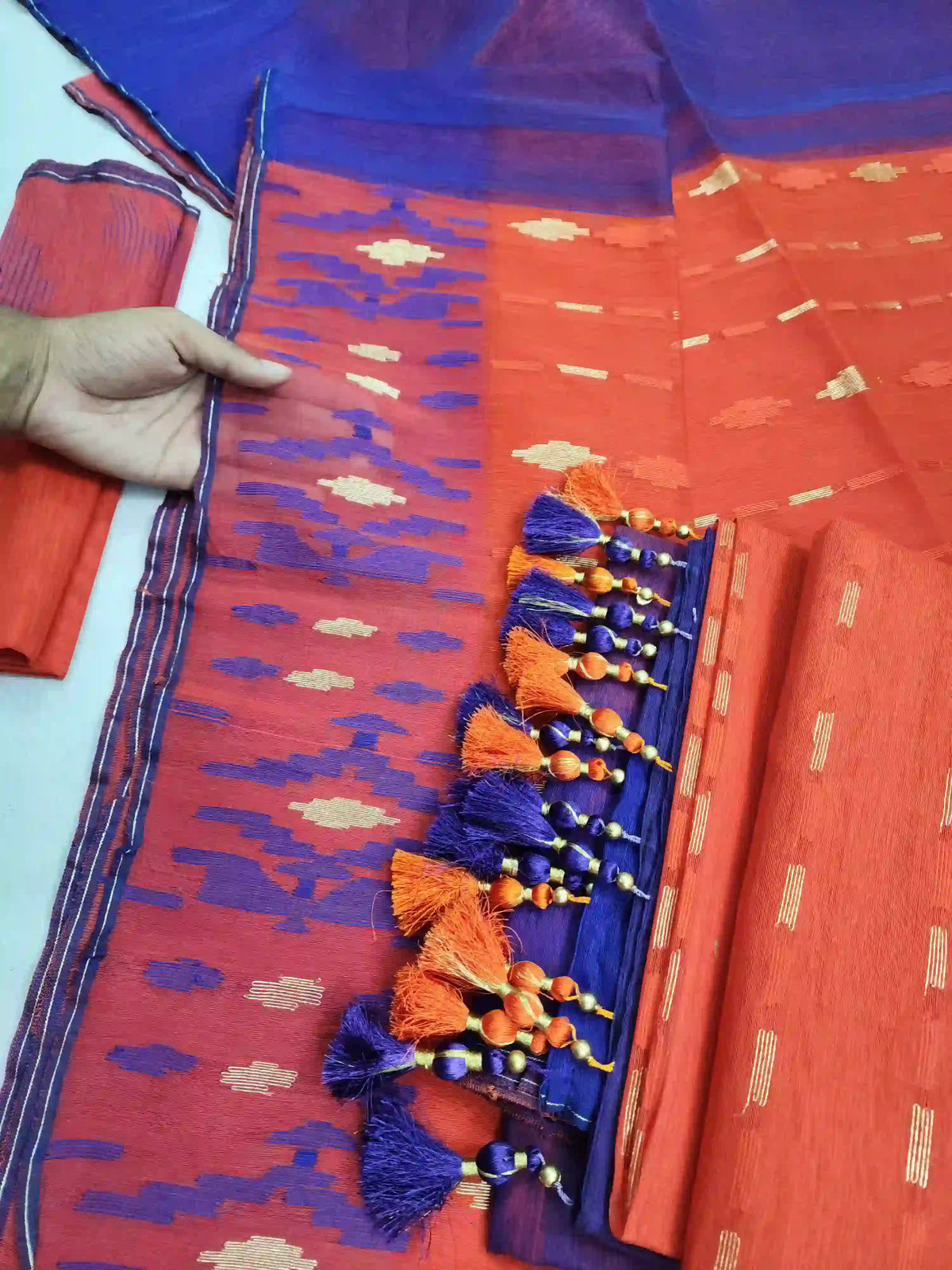 Orange Blue Jamdani With Blouse And Tarcel