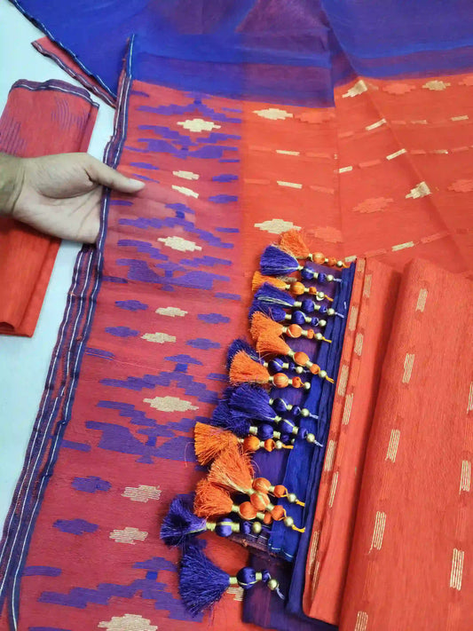 Orange Blue Jamdani With Blouse And Tarcel