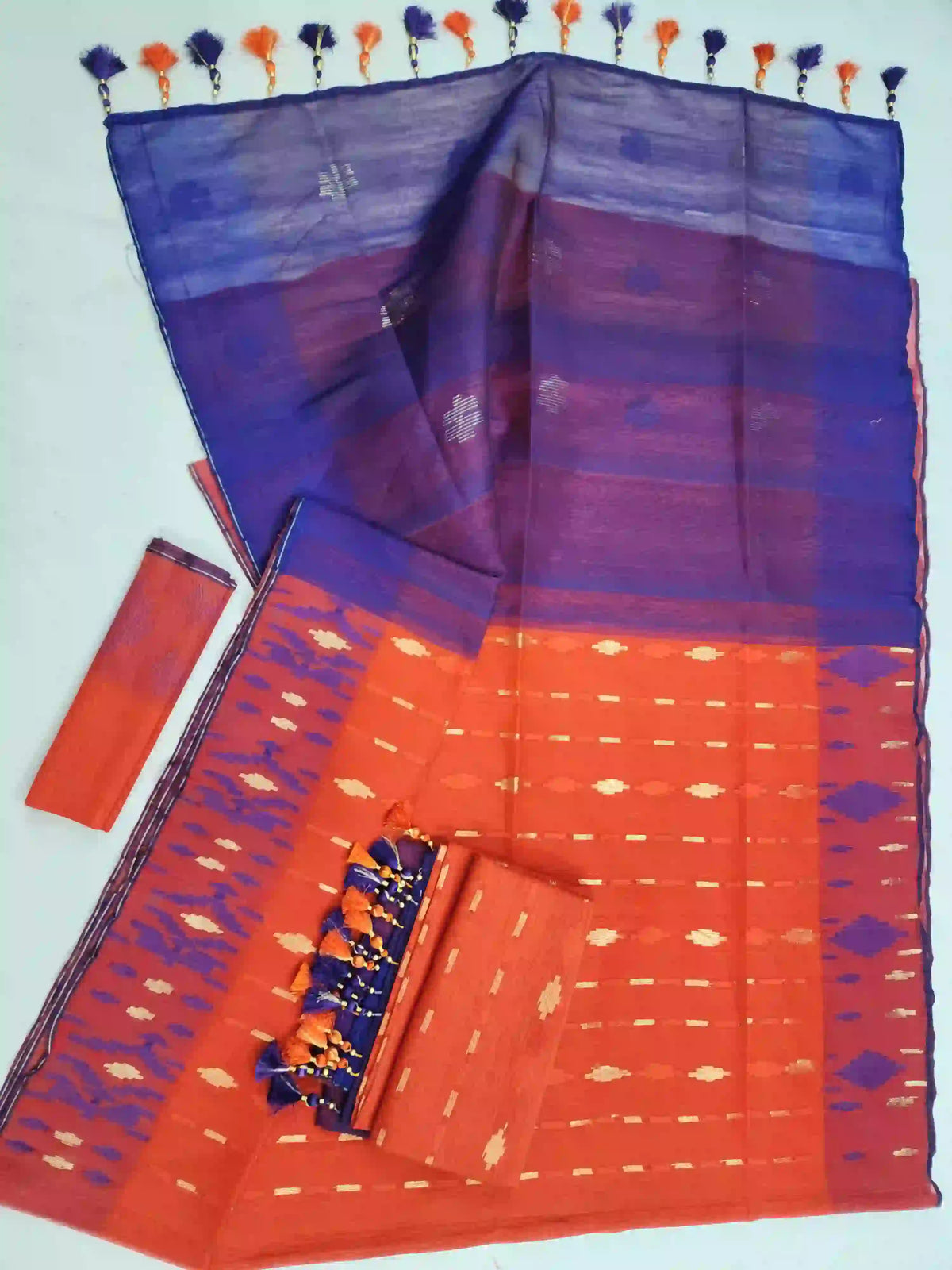 Orange Blue Jamdani With Blouse And Tarcel