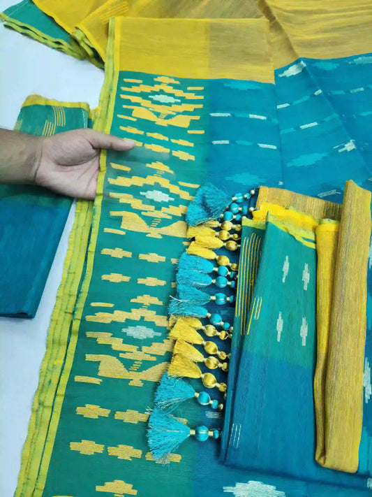 Seagreen Yellow Jamdani With Blouse And Tarcel