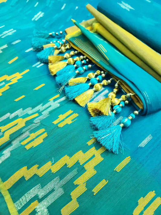 Seagreen Yelow Jamdani With Blouse And Tarcel