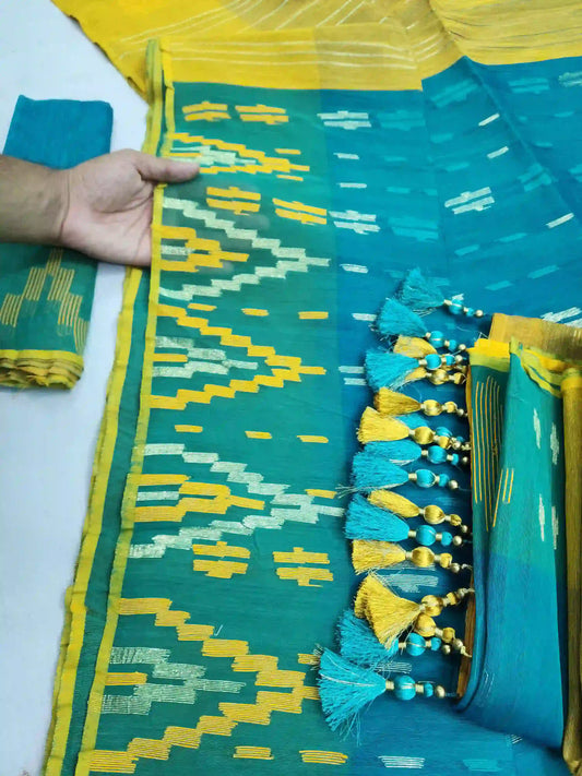 Seagreen Yelow Jamdani With Blouse And Tarcel
