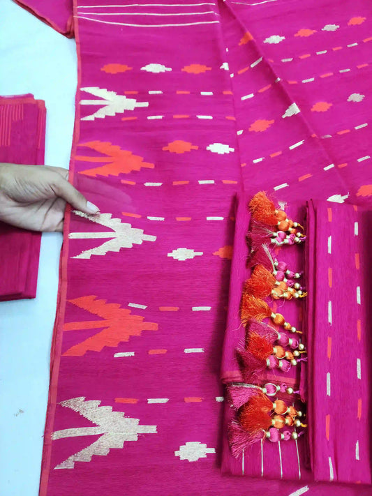 Magenta Orange Jamdani With Blouse And Tarcel