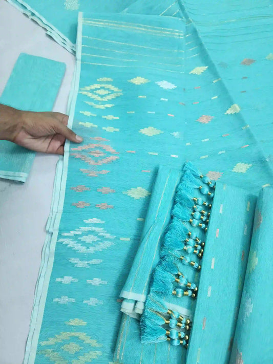 Lite Sky Blue Jamdani With Blouse And Tarcel