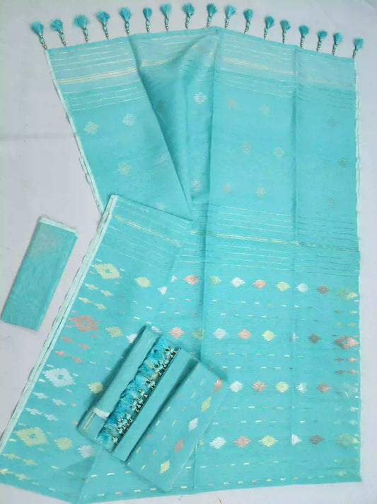Lite Sky Blue Jamdani With Blouse And Tarcel