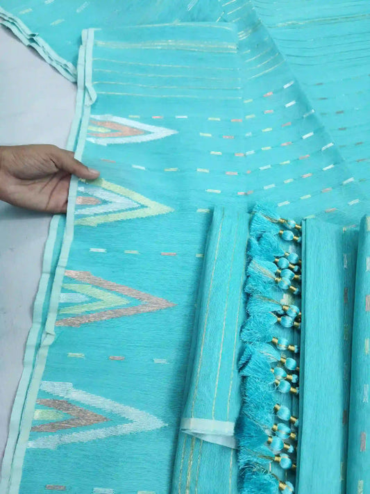 Lite Sky Blue Jamdani With Blouse And Tarcel