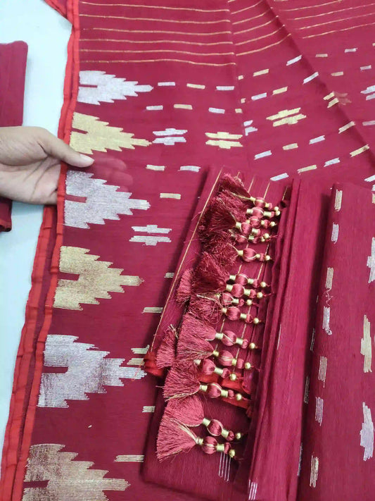 Maroon Jamdani With Blouse And Tarcel