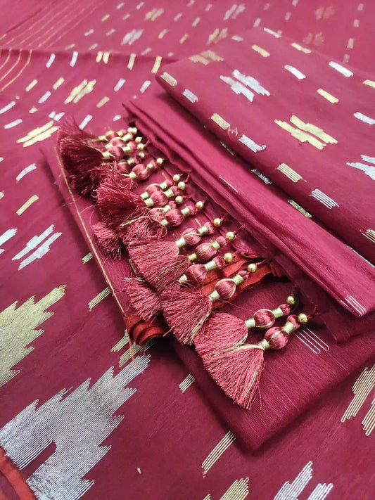 Maroon Jamdani With Blouse And Tarcel