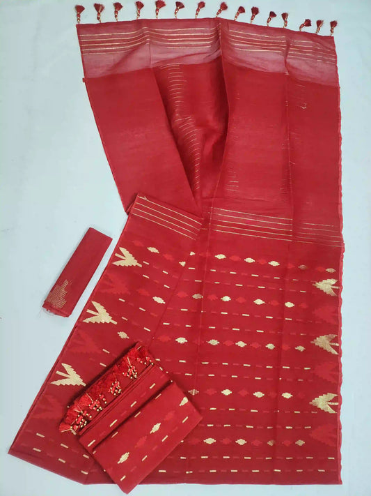 Red Jamdani With Blouse And Tarcel