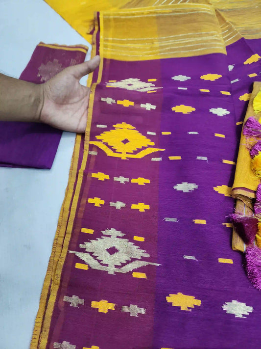 Purpul Yellow Jamdani With Blouse And Tarcel