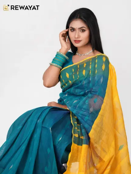 Seagreen & yellow half silk jamdani saee