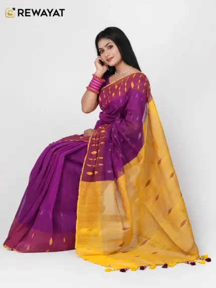 Purpul & yellow half silk jamdani saee