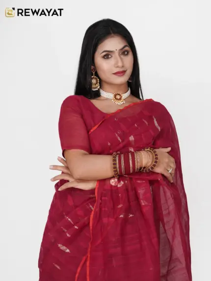 Maroon half silk jamdani saee