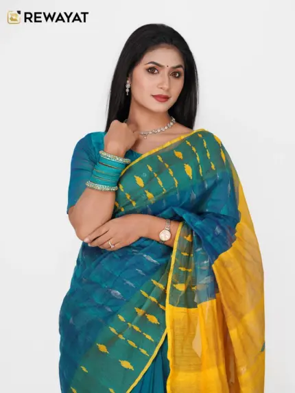 Seagreen & yellow half silk jamdani saee