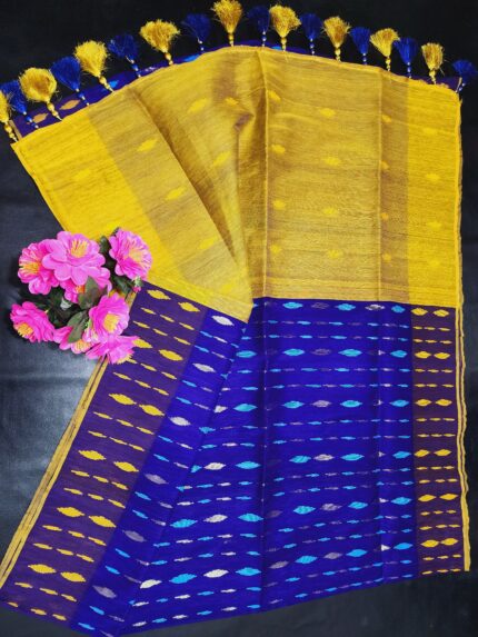 Blue yello half silk jamdani