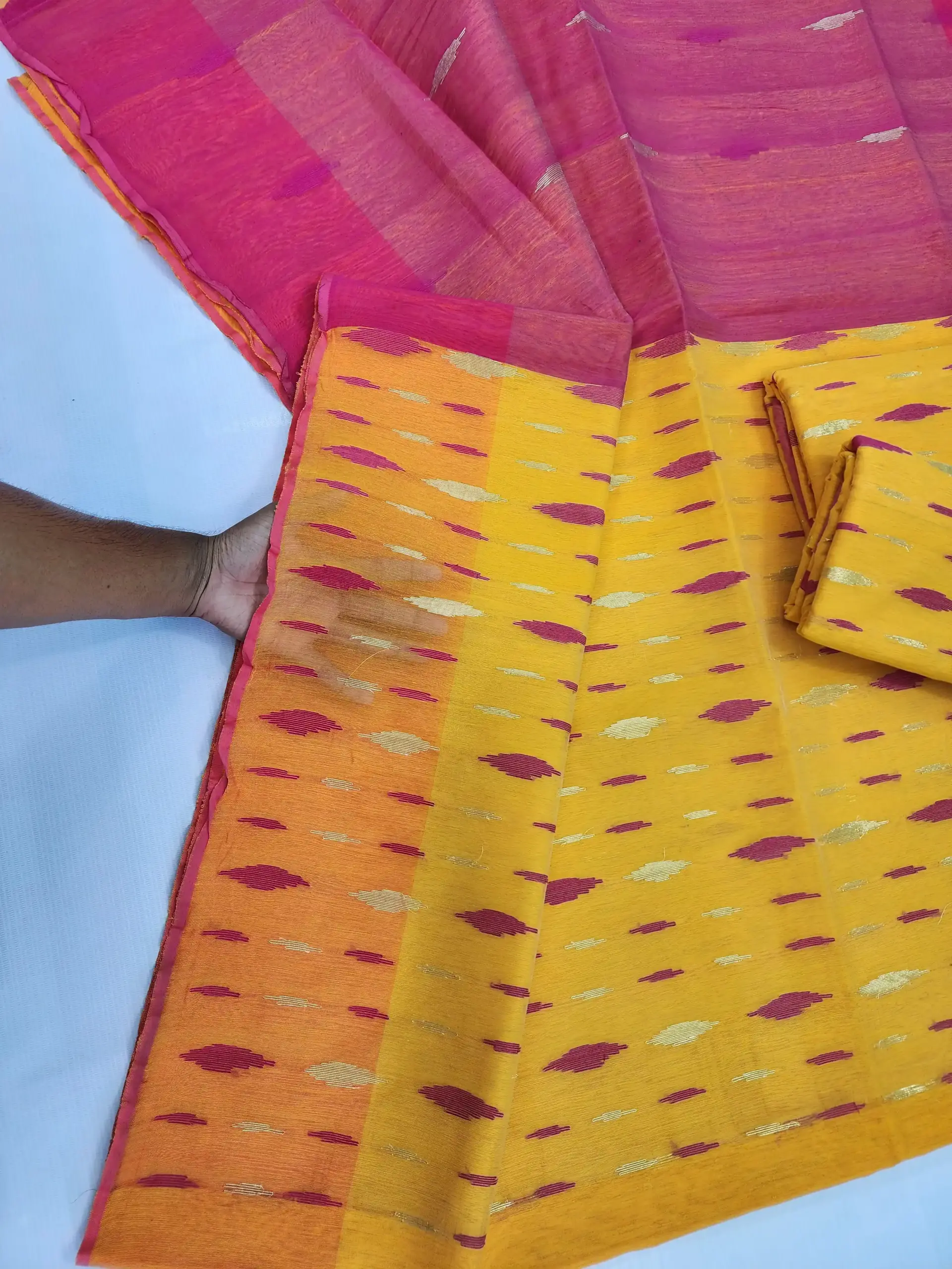 compressed_1778308907065 yello pink half silk jamdani - Image 1