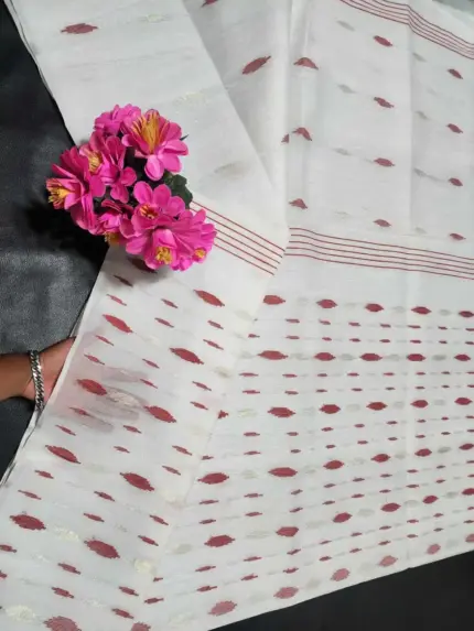 White and red half silk jamdani