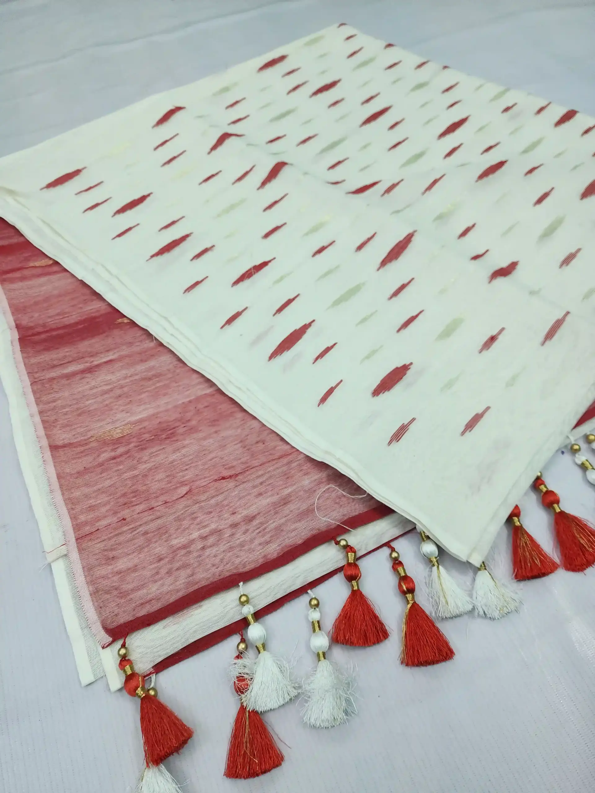 compressed_1783791609986 White and red half silk jamdani - Image 1