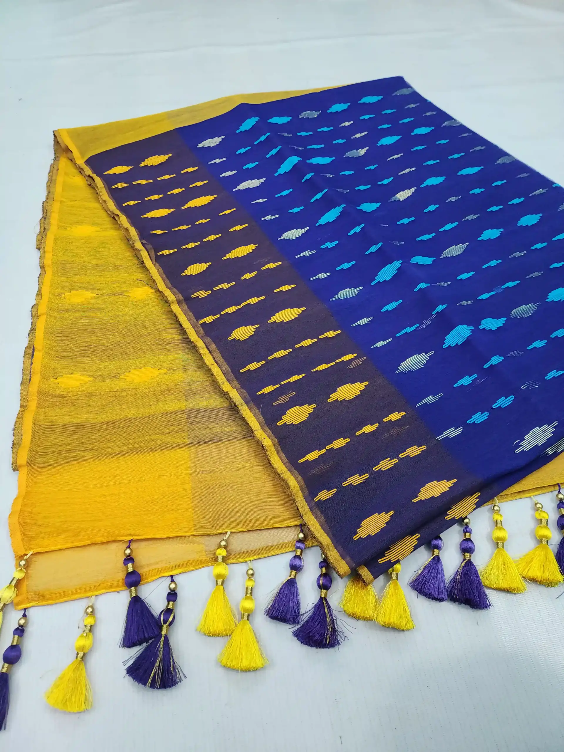 compressed_1783791697577 Blue yello half silk jamdani - Image 1