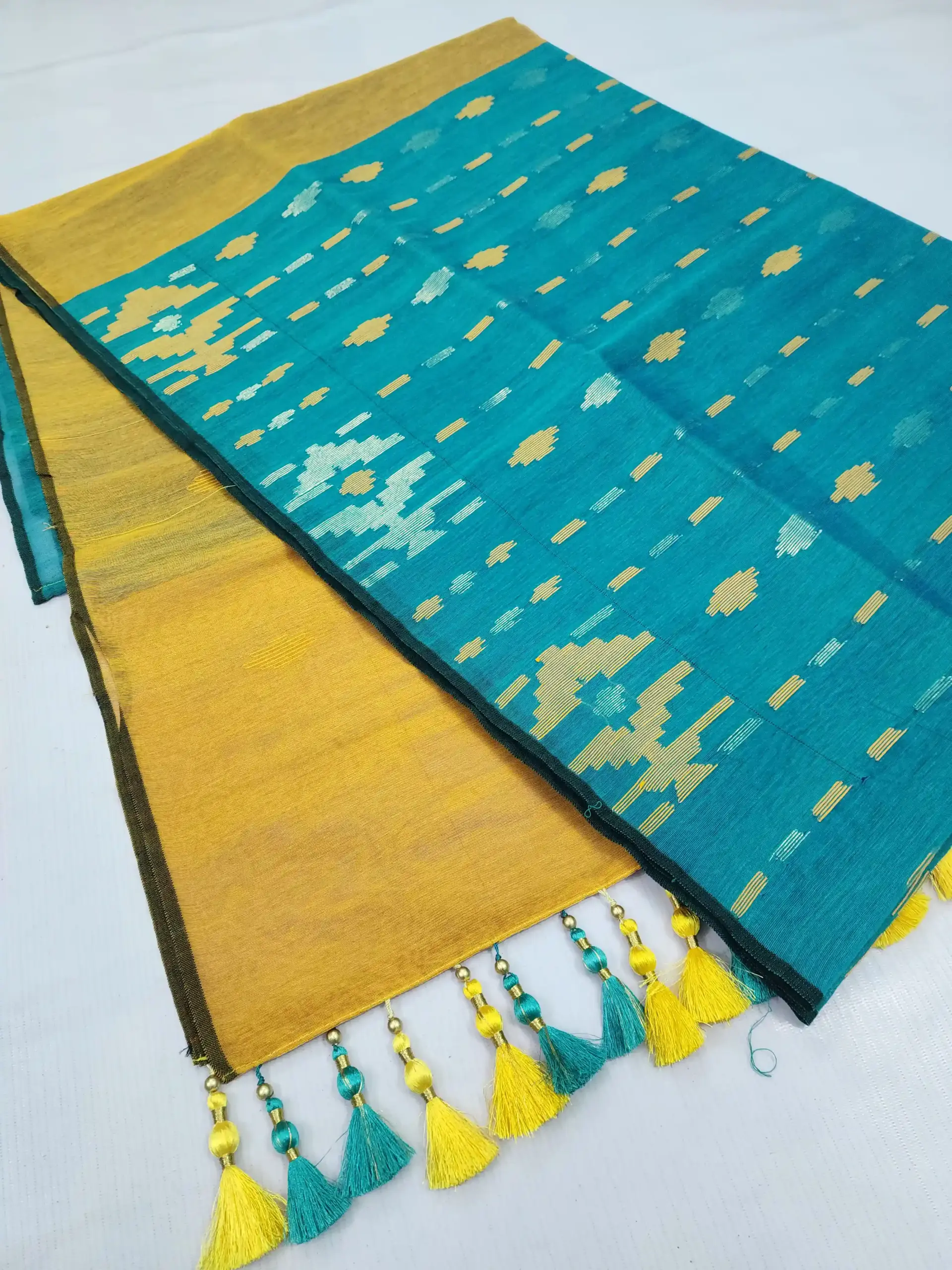 compressed_1783791710381 Seagreen yello half silk jamdani - Image 1