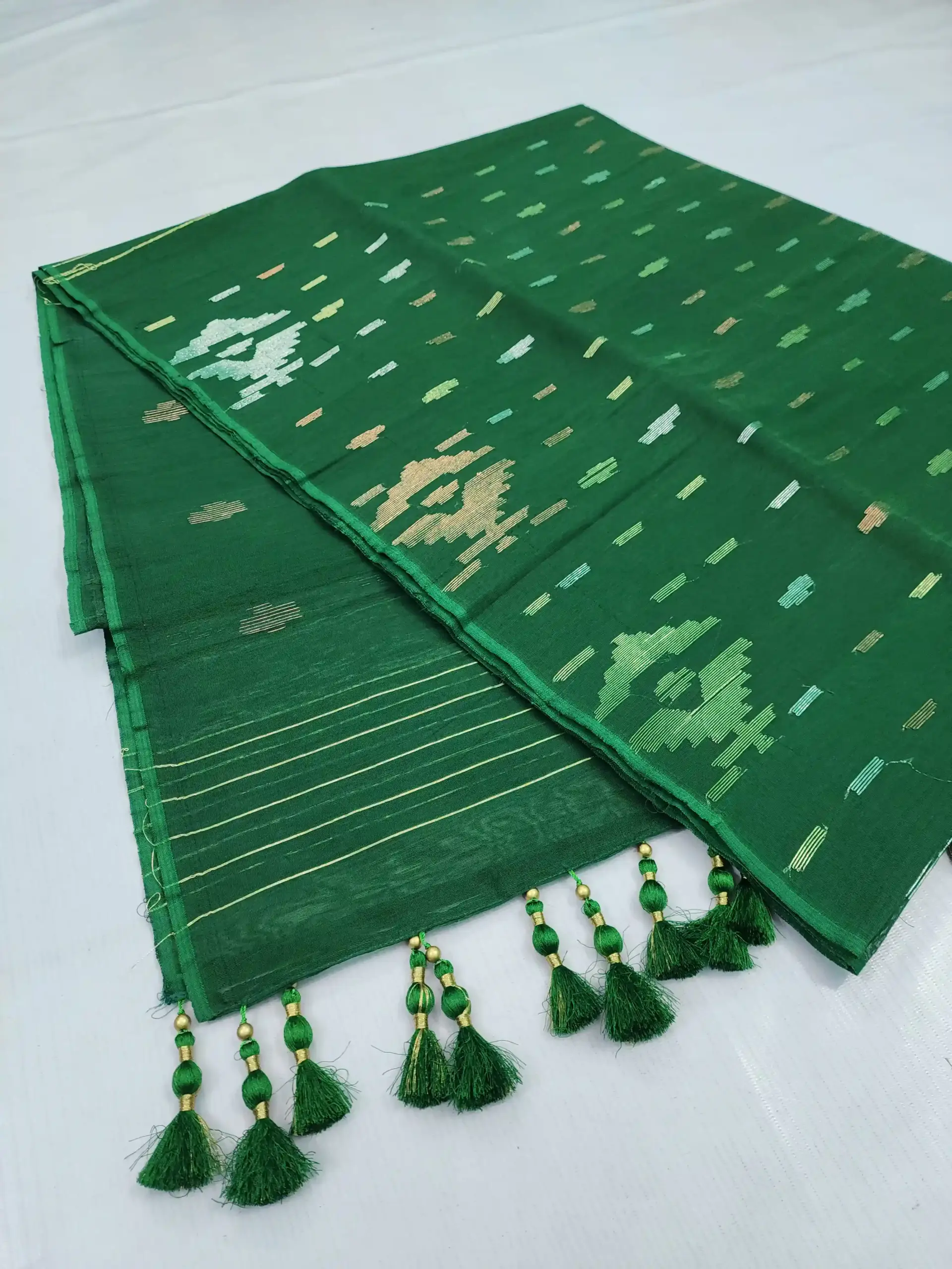 compressed_1783791720966 bottle green 3 jori half silk jamdani - Image 1