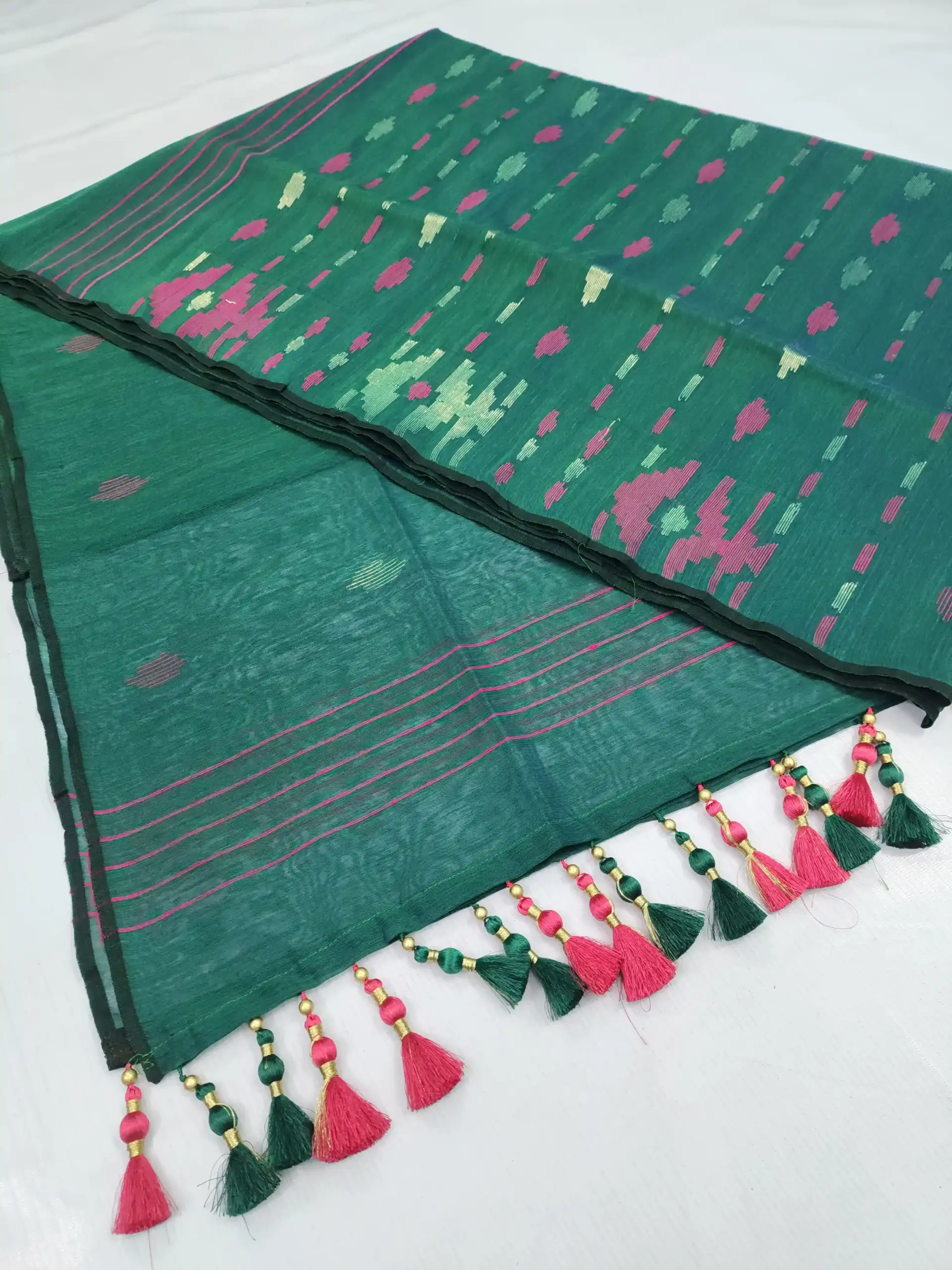 compressed_1783791804149 Bottle green pink half silk jamdani - Image 1