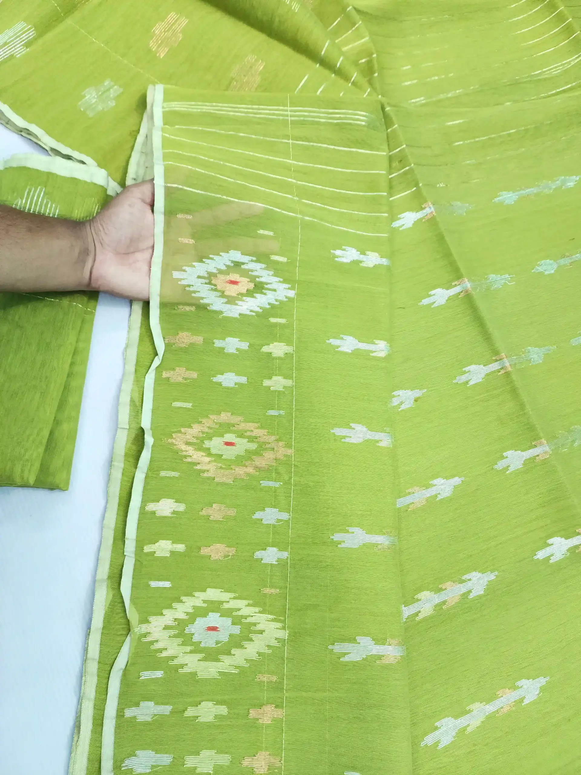 compressed_1784535954599 Lime Green Half silk jamdani whit blouse - Image 1
