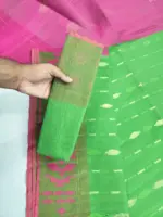 Parrot Green  Pink half silk jamdani whit blouse - Image 2