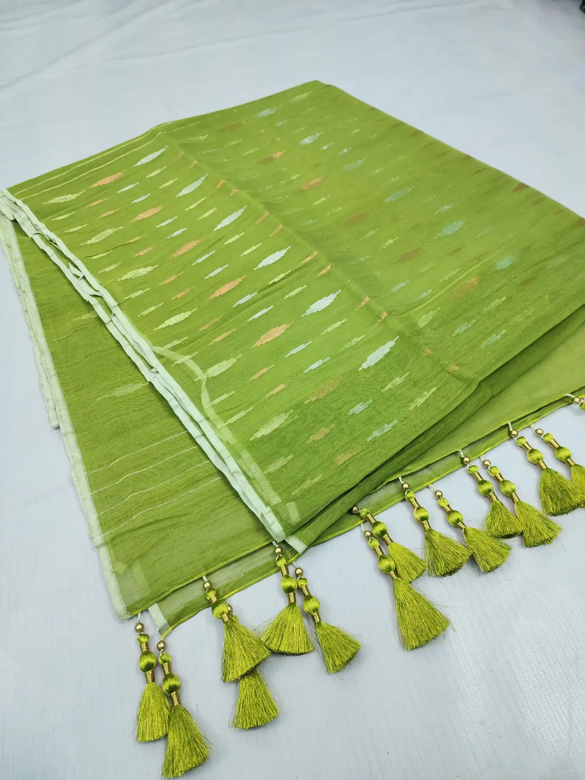 compressed_1784542071769 Lime Green 3 jori half silk jamdani - Image 1