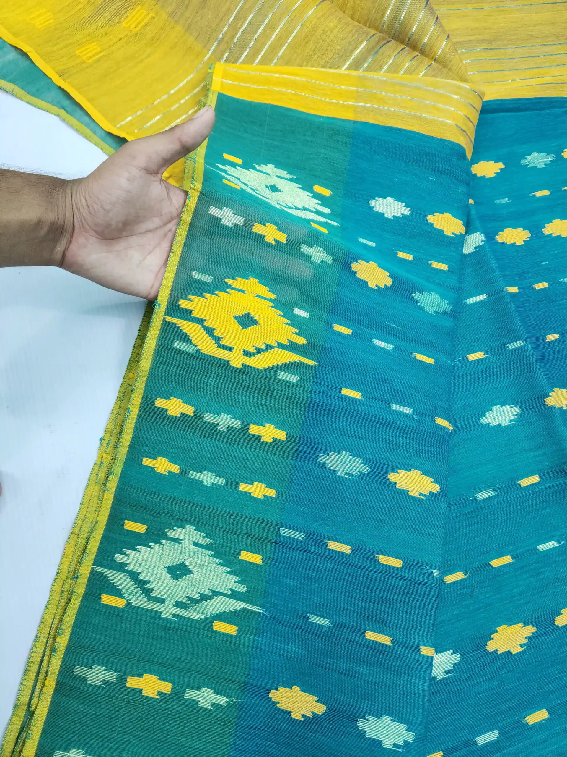 compressed_1784568837886 seagreen yello half silk jamdani whit blouse - Image 1