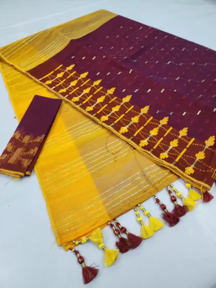 Maroon yellow pona-par half silk jamdani whit blouse