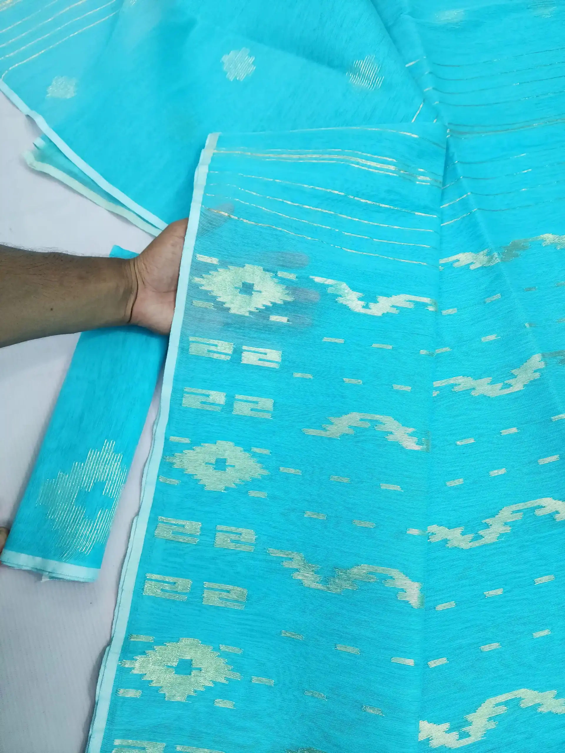 compressed_1784570598650 Sky blue half silk jamdani whit blouse - Image 1