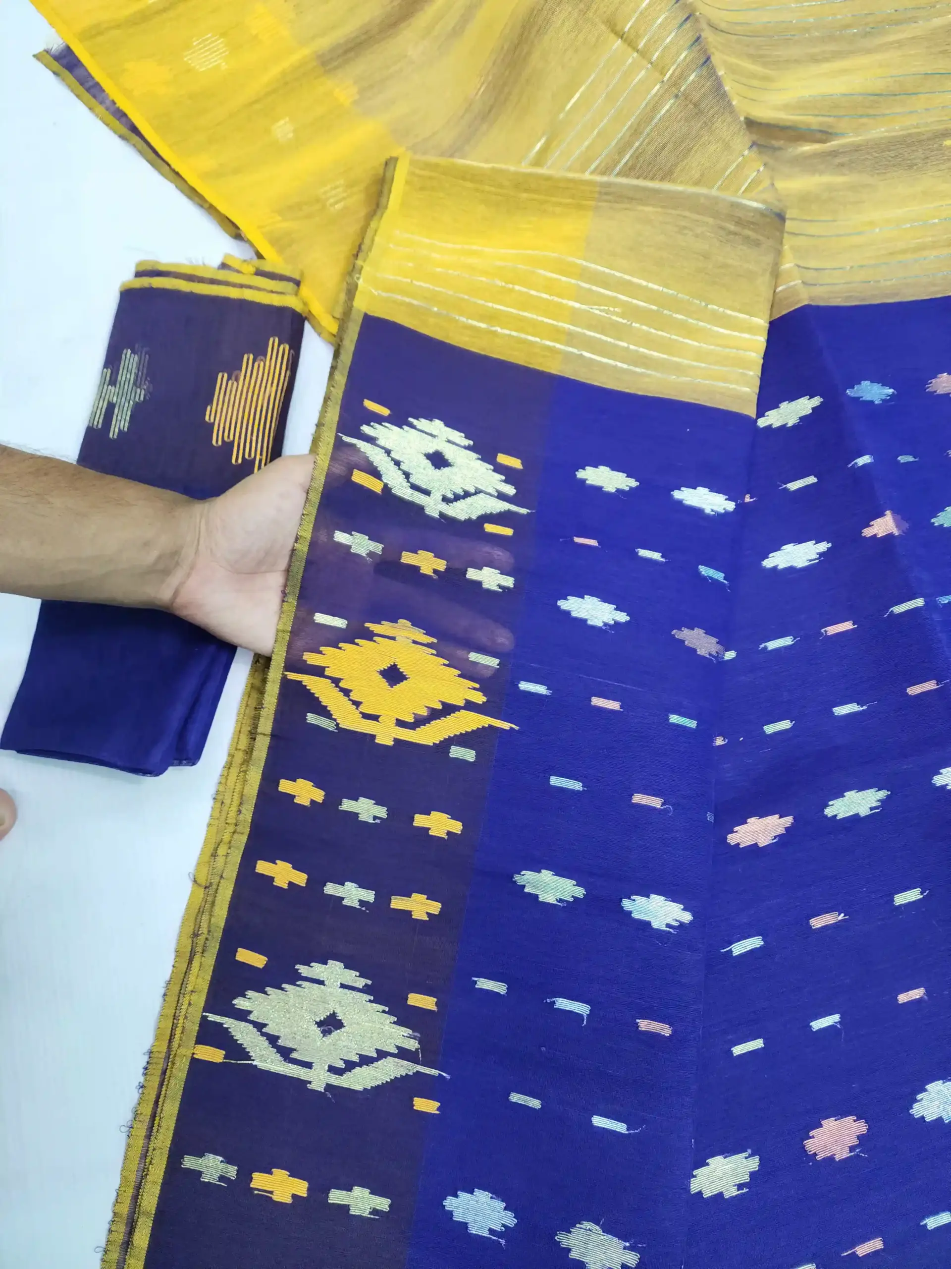 compressed_1784570650309 Blue yellow halfsilk jamdani whit blouse - Image 1