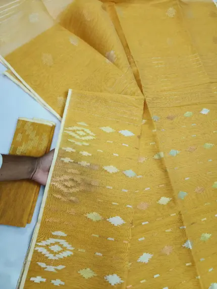 Mustared yellow 3 jori half silk jamdani whit blouse