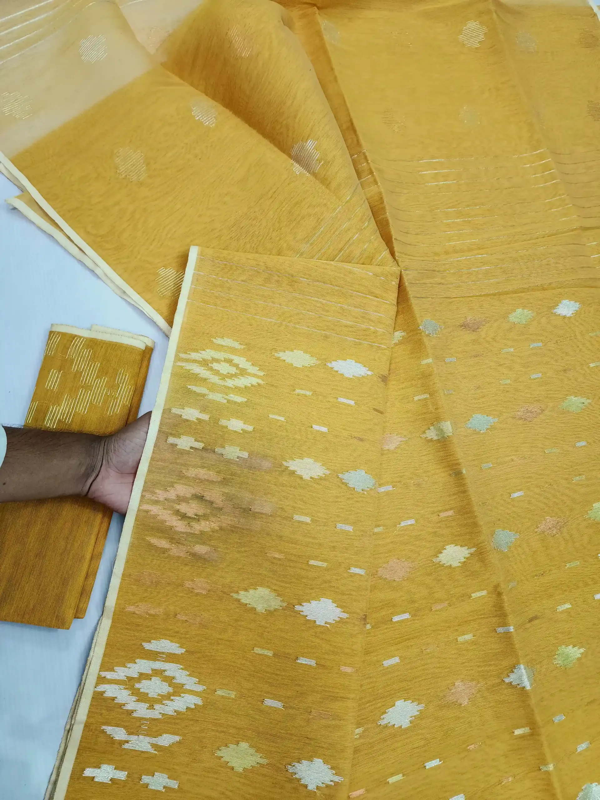 compressed_1784570708634 Mustared yellow 3 jori half silk jamdani whit blouse - Image 1